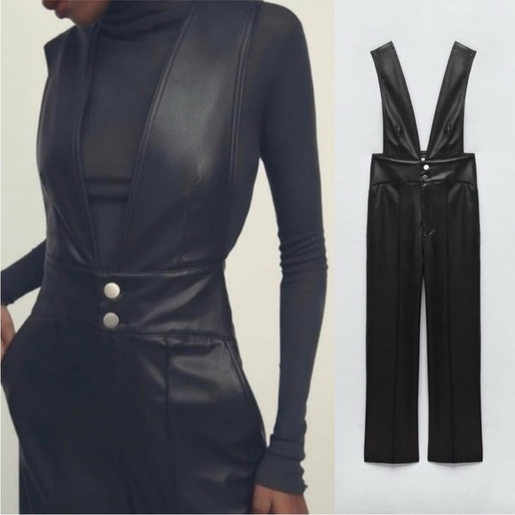 ZARA Faux Leather Jumpsuit Overalls Black Size Small NWT Sleeveless Deep V neck - Picture 3 of 11